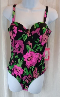 Traje de Baño Betsey Johnson Floral 1 Pieza Rosa Caliente Flores Talla L Acolchado Correas Ajustables Foto 1 de 4