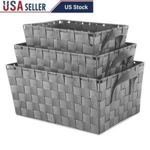 Woven Storage Baskets Set of 3 Durable Organizing Tote Bins W/ Handles New Gray - Picture 1 of 10