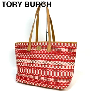 TORY BURCH Tote Bag Straw Leather Red Genuine Product [Rare Item] - Picture 1 of 10