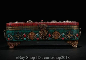 10 " Old Tibet Buddhism Bronze Inlay Turquoise Gem eight treasures Jewelry Box - Picture 1 of 9