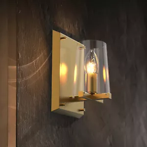 Brass Wall Lamp Bedside Wall Light Fortress Style Solid Metal Frame Glass Shade - Picture 1 of 6