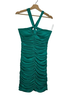 Vintage Mystic Y2K Green Sleeveless Halter Bodycon Dress Size XS Ruched Back Out - Image 1 of 4