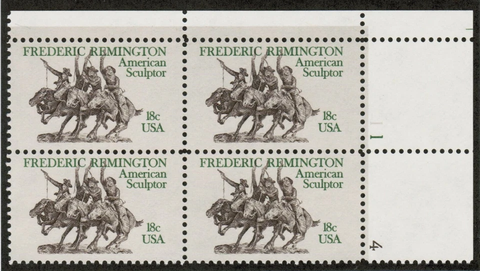 US USA Sc# 1934 MNH FVF PLATE# BLOCK Frederic Remington Art Cowboys Horses Rye - Image 1 of 1