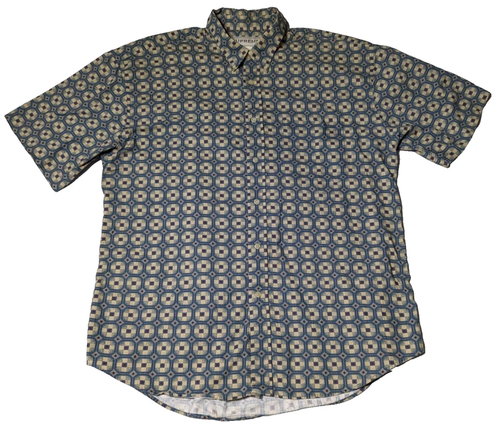 Винтажная хлопковая рубашка с коротким рукавом на пуговицах Supreme размер XL синий красный Geo б/у в отличном состоянии - Изображение 1 из 4