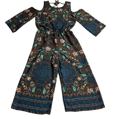 Bebop 女式佩斯利印花连身裤 L 码露肩宽腿领带 V 背 — 第 1/4 张图片