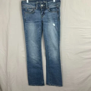 AMERICAN EAGLE Jeans Womens Size 0 Short 28x28 Blue Embroidered Pockets Distress - Picture 1 of 11