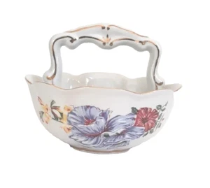 Royal Gallery Decorative Bowl w/ Handle glazed ceramic w/floral design gold trim - Afbeelding 1 van 7