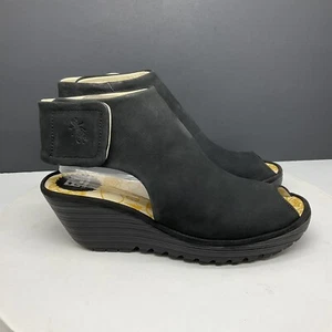 FLY London Yone Wedge Sandals Womens Size 8 EU-39 Black Nubuck Comfort Shoes - Picture 1 of 8