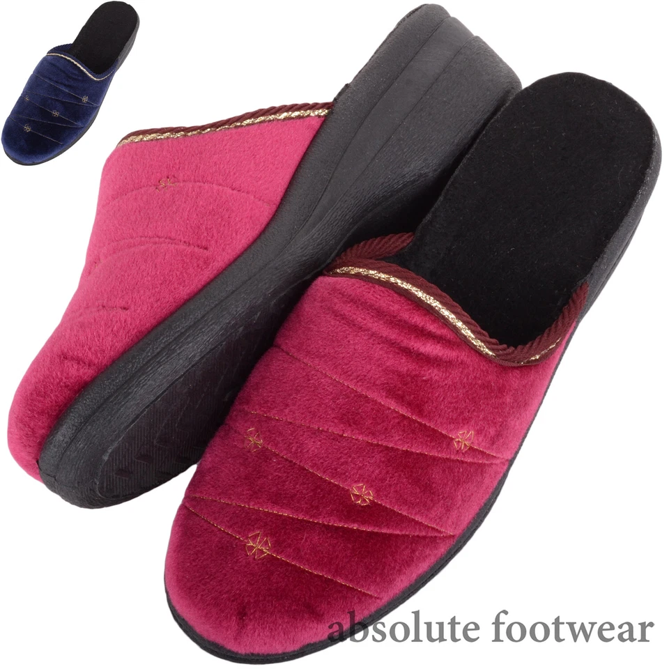 ABSOLUTE FOOTWEAR Ladies Womens Slip On Open Back Mule Style Embroided Velour Slippers