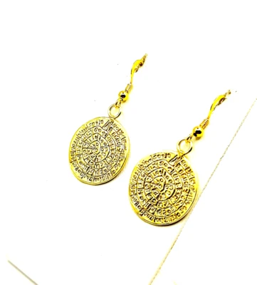 Pendientes colgantes antiguos griegos de plata de ley 925 enchapados en oro con disco de Festos Foto 1 de 3