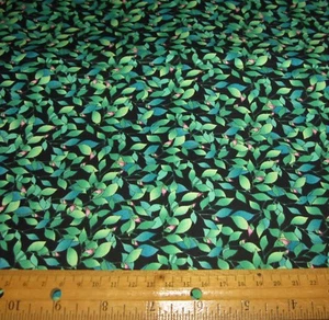 1 yard of PINK FLOWER BUDS with GREEN LEAVES on BLACK 100% Cotton Fabric  - Picture 1 of 1