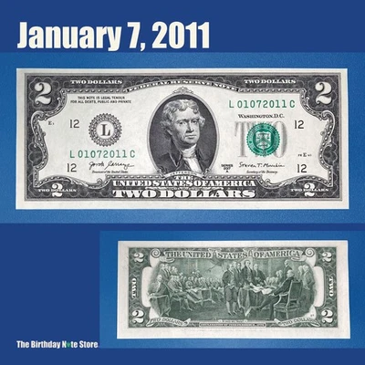 January 7, 2011 Birthday Anniversary $2 Two Dollar Bill Serial Number 01072011 - Image 1 of 2