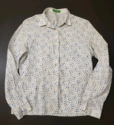 Top vintage Cacharel mujer talla 12 blanco púrpura azul lunares abotonados L/S  Foto 1 de 4