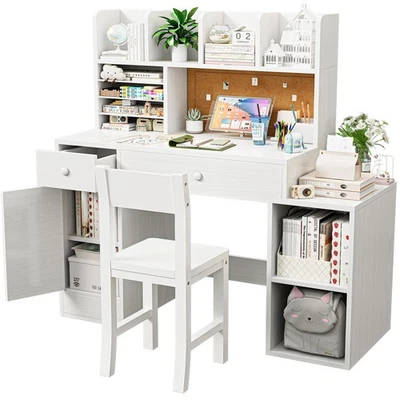 Juego de escritorio y silla de estudio para niños de madera blanca, 2 cajones y 4 armarios de almacenamiento,... Foto 1 de 4