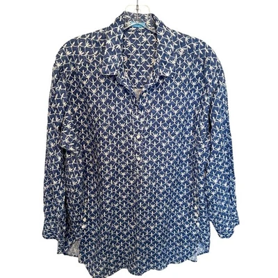 Camisa J. McLaughlin Aviary Top Mujer Grande Azul Estampado de Pájaros Lino Botón Popover Foto 1 de 4