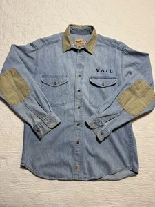 Vintage 1990's Woolrich Vail Unisex Denim Shirt Blue Elbow Patch Rugged Medium - Picture 1 of 8
