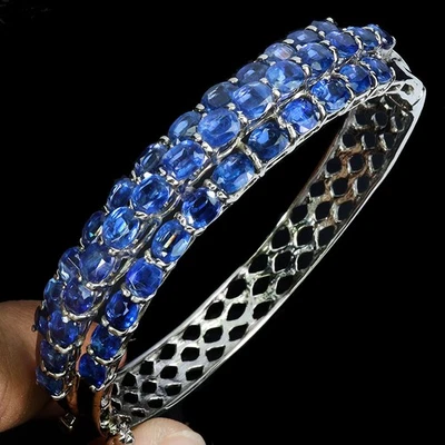 925 Sterling Silver Bangle Oval Kyanite 5x4mm Natural Gemstone Jewelry 7inches - Image 1 of 4