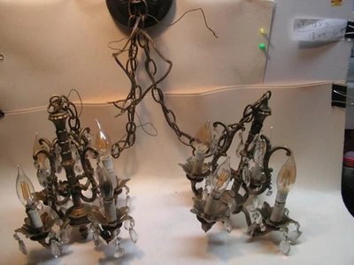 PAIR of 12" Vintage MCM Deco Gold Cast SWAG lamp Chandeliers crystal prism 26" C - Image 1 of 4