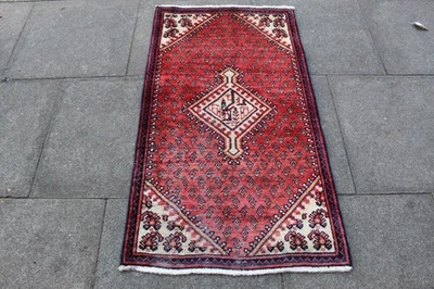 Vintage Worn Hand Made Traditional Oriental Wool Red White Small Rug 133x75cm - Image 1 of 4