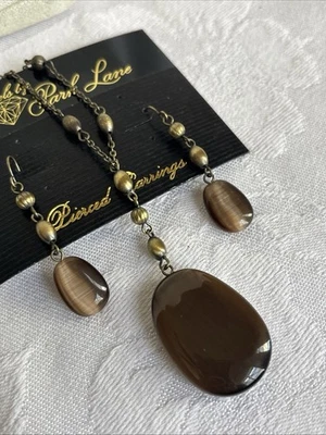 Conjunto Raro Collar Pendientes Park Lariat Vintage Tono Latón Marrón Ojo de Gato Foto 1 de 4