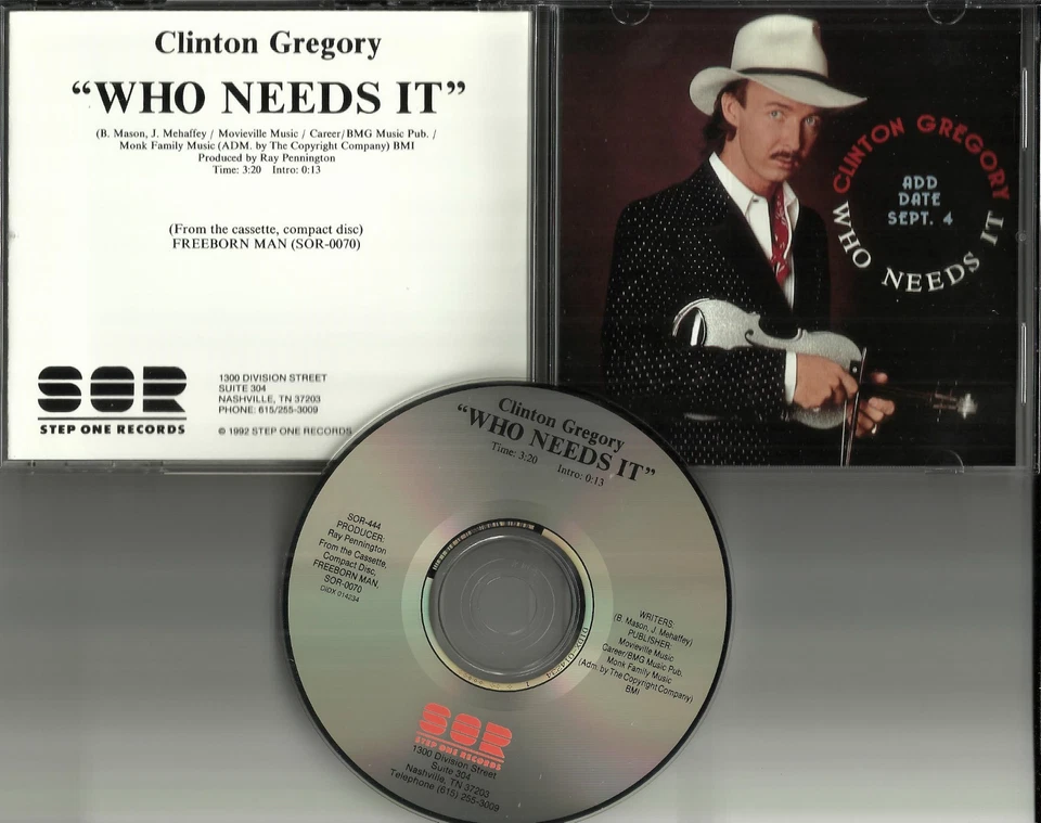 CLINTON GREGORY Who Needs it 1992 PROMO Radio DJ CD Single Suzy Bogguss MINT - Image 1 of 1