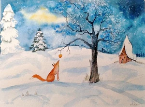 NEW! Original  watercolour Painting FOLK Naive art winter landscape  fox 9"x12" - Picture 1 of 3