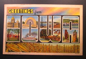 1950s Curt Teich Linen Postcard GREETINGS FROM IOWA Large Letter - Picture 1 of 2