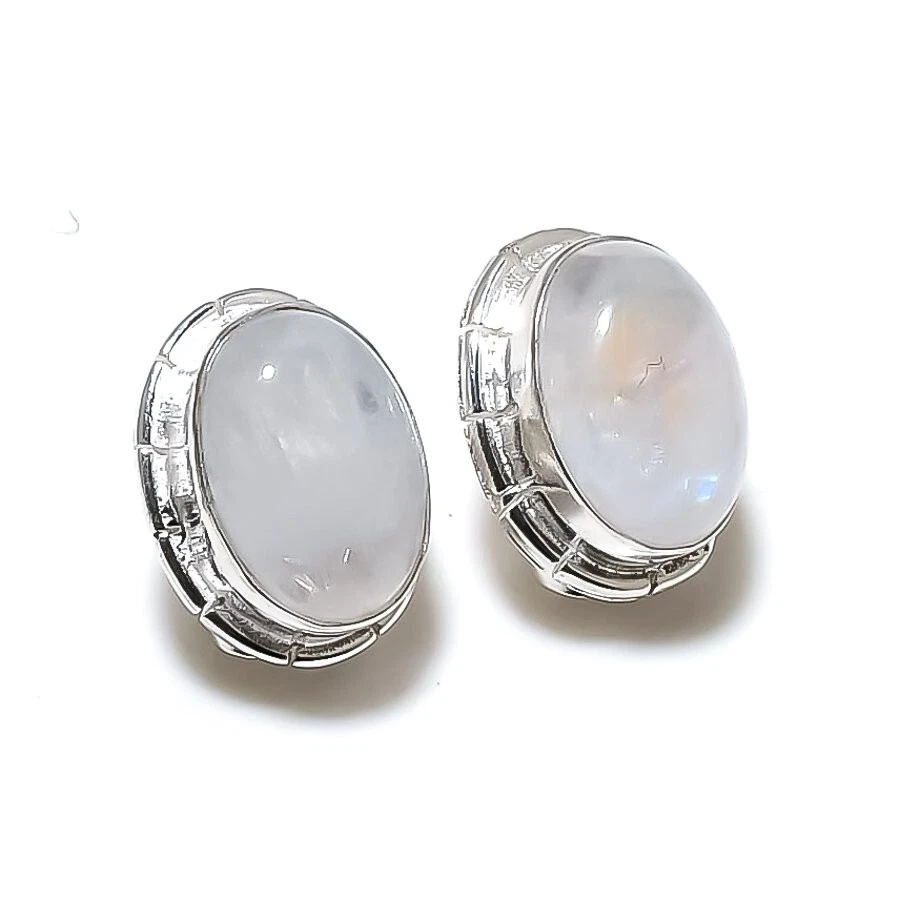 Moonstone Gemstone Handmade 925 Sterling Silver Jewelry Stud Earring Size 0.75" - Image 1 of 1