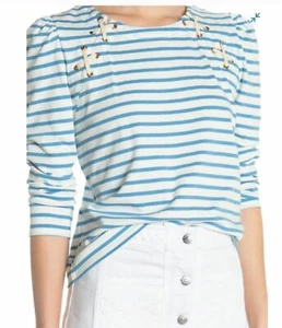 Camiseta de béisbol S VERONICA BARBA Eli Puff manga larga azul blanco a rayas nueva con etiquetas - Imagen 1 de 8
