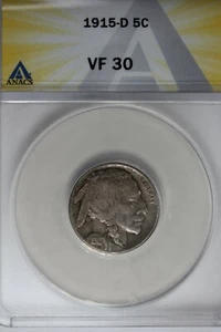 1915-D .05 ANACS VF 30 Buffalo Nickel, Indian Nickel, 5 Cent Piece - Imagen 1 de 2