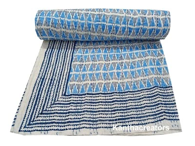 Edredón Kantha de algodón indio reversible vintage funda de cama hecha a mano manta tiro Foto 1 de 4