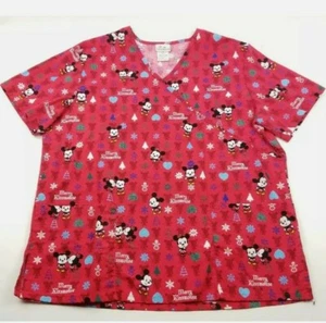 Disney Cuties Red Mickey Minnie Christmas Merry Kissmouse Scrub Shirt Top Small - Picture 1 of 4