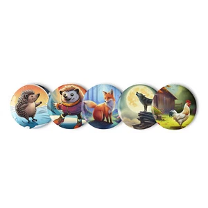 Hedgehog, fox, wolf, chicken rooster Set of 5 pin buttons - Picture 1 of 2