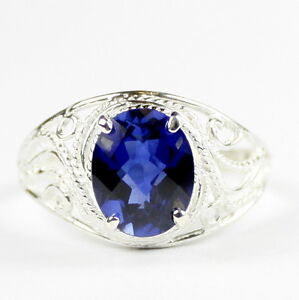 Created Blue Sapphire, 925 Sterling Silver Ladies Ring-Handmade, SR083