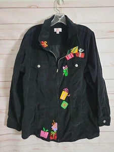 Quacker Factory Black Corduroy Jacket Top Long Sleeve Christmas Presents Tunic - Picture 1 of 5