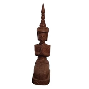 Vintage Holzschnitzerei Figur kniend und betend 10" groß Kunst Thai Buddha - Bild 1 von 10