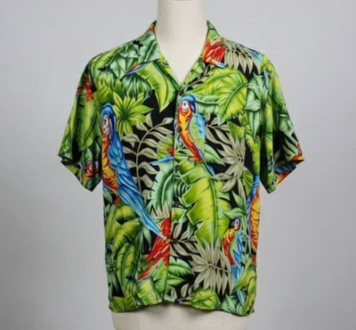 Винтажная гавайская рубашка Ocean Current L 100% вискоза ПОПУГАЙ тропические джунгли лагерь Алоха - Изображение 1 из 4