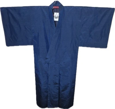 Japanese Men’s Premium Navy Silk Kimono, Vertical Weave, Vintage Handmade - Image 1 of 4