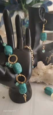 Дамы коренастый бирюзовый самородок браслет и серьги золото обруч звенья бирюзовый бисер  - Изображение 1 из 4