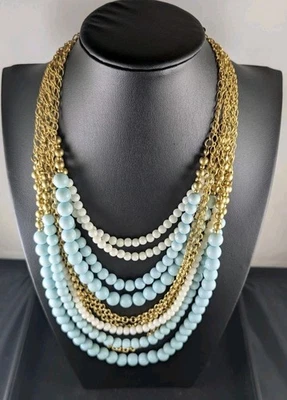 Talbots Multi-Strand Beaded Statement Necklace – Gold, Blue & Ivory - Image 1 of 4