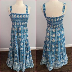 Maxikleid Damen Zara bedruckt blau gemustert groß gesmokt Spitze Bohemian - Bild 1 von 7