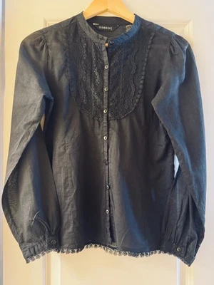 Elegante Blusa Negra Manga Larga Abotonada con Ribete de Encaje - Trabajo, Noche, Informal Foto 1 de 4