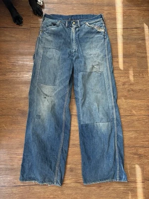 复古 50 年代 Big Mac Carpenter 牛仔裤 Sanforized 牛仔裤 33x29 农场破旧 — 第 1/4 张图片