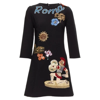 Vestido feminino Dolce Gabbana Roma guerreiro lantejoulas couro patch shift preto tamanho 36 - Imagem 1 de 4