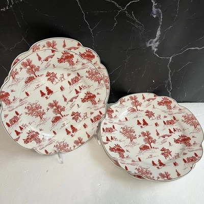 Grace Teaware Winter Village 4 piezas rojo 9,25" plato de ensalada inodoro festoneado borde dorado Foto 1 de 4