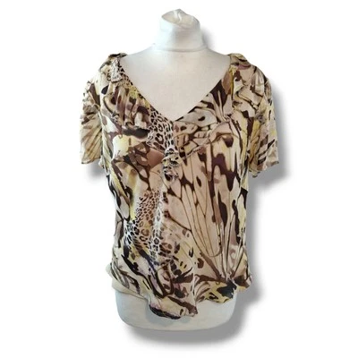 Viyella 100% Silk Lined Blouse UK 18 Brown Animal Print Ruffle Neck Short Sleeve - Image 1 of 4