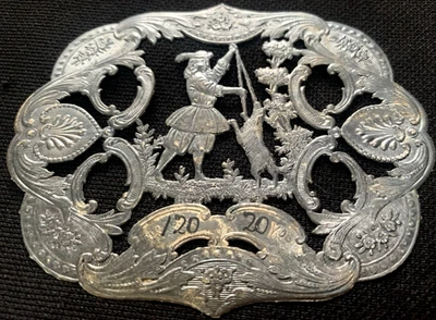 Etiqueta de tela troquelada de lámina de plata grande victoriana antigua 3,5 x 3" excelente estado Foto 1 de 4