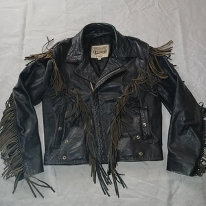 Vtg Open Road Fringed Leather Jacket Size L Black Biker From A Smokers Estate - Picture 1 of 6