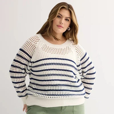 Suéter Pullover Sonoma Para Mujer Punto Abierto Marfil Azul Marino Rayas Plus 1X Nuevo Con Etiquetas Foto 1 de 4