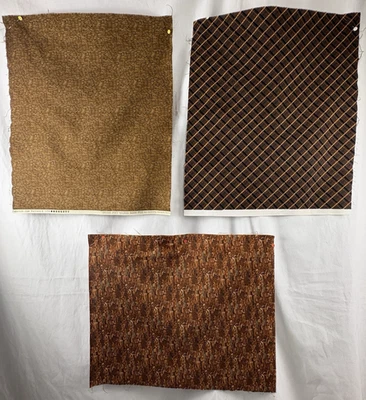 Lot 3 Brown FQs Quilt Shop Cotton Fabric 2 Tree Bark Prints and 1 Diagonal Plaid - Image 1 of 4